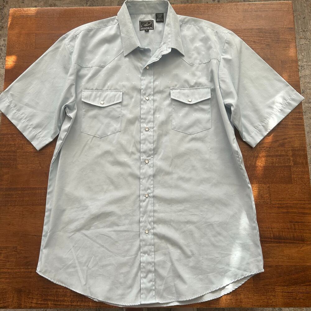 Roper men’s short sleeve pearl snap button down western cow head detail​